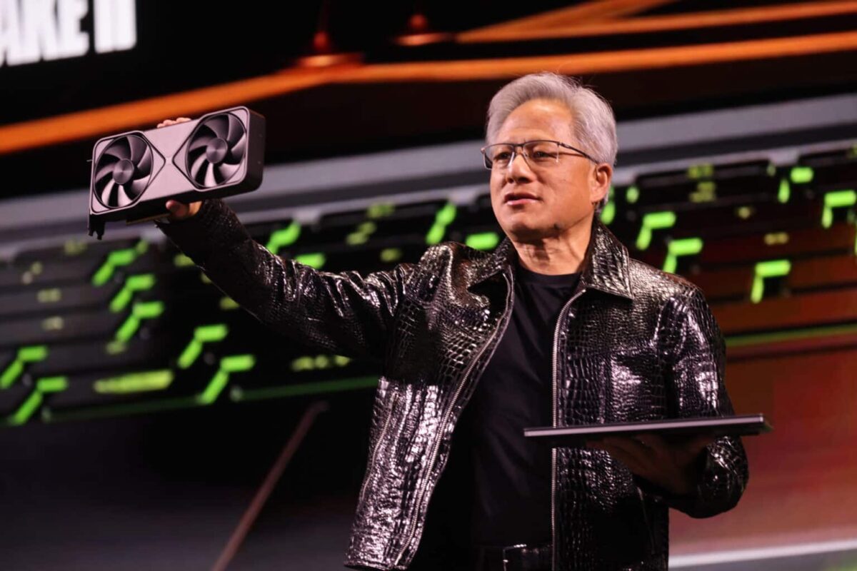 nvidia jensen huang holding up rtx 5080 gpu